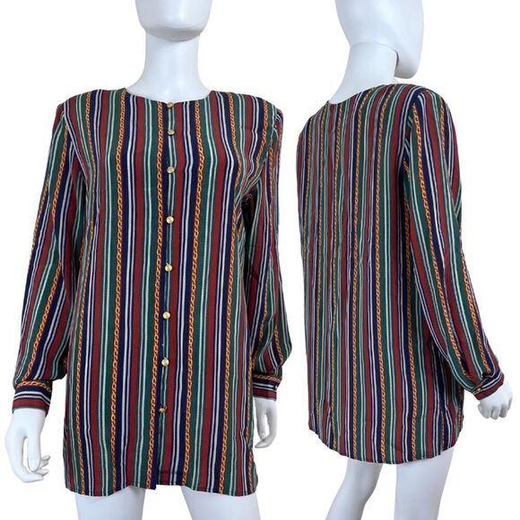 Vintage Vanranda Women Size S Silk Striped Tunic Blouse Button Up Retro Office - Picture 1 of 14